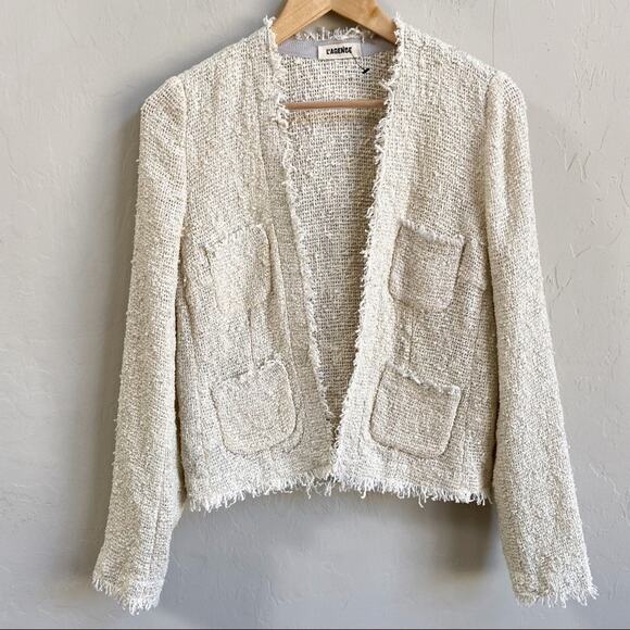 NEW L’AGENCE Cream Raw Hem Fringe Boucle Tweed Jacket - Picture 4 of 9